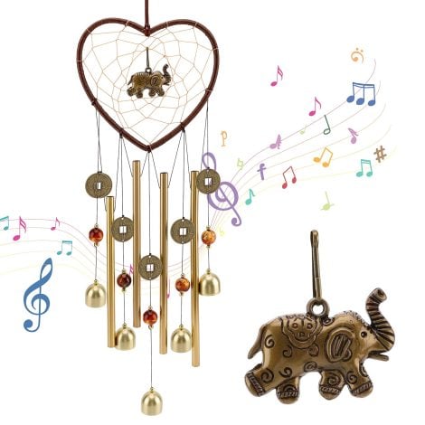 Dream Catcher Lucky Elephant Wind Chimes with Feng Shui Bells & Coins—Perfect Indoors or Outdoors, Ideal Gift!