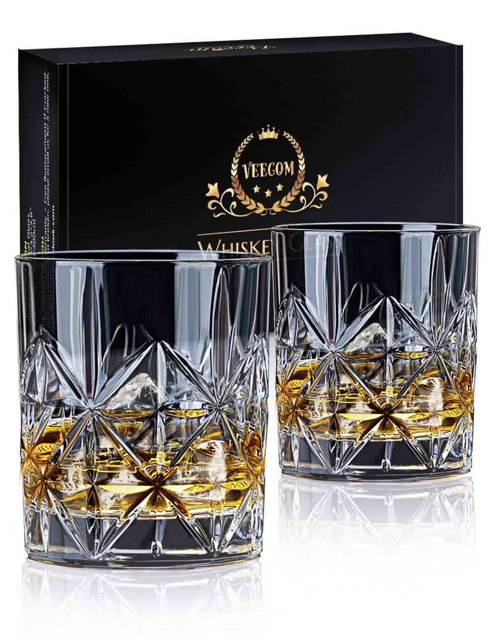 veecom Whiskey Glass Set of 2, 10OZ Crystal Whiskey Glasses Thick Bottom Bourbon Glasses Old Fashioned Rocks Glass Tumbler for Scotch, Cocktail, Liquor, Home Bar Whiskey for Men (Classic)