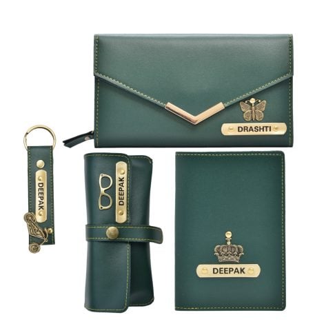 Customized Green Leather Gift Hampers for Women including Wallet, Passport Cover, Sunglasses Case, and Keychain. Ideal for Birthdays.