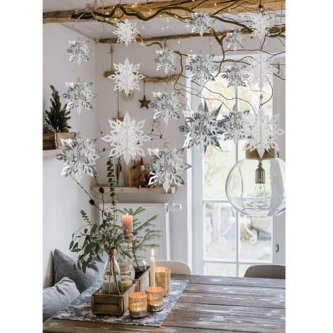Winter Christmas Hanging Snowflake Decorations-18PCS 3D Silver Snowflakes Hanging Garland, perfect for Indian Christmas and New Year celebrations.
