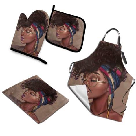 Ethnic Touch 4-Piece Kitchen Set: African-inspired decor for a stylish Indian kitchen – Apron, Oven mitt, Pot Holder, and Towel. Perfect gifts for kitchen enthusiasts!