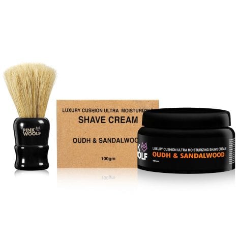 Luxurious Pink Woolf Shaving Kit for Men includes moisturizing cream, boar brush, and offers a comfortable shave with OUDH & SANDALWOOD fragrance.