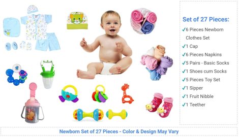 Exclusive Concepts – 27 Piece Gift Set for Newborns (0-6 Months) including Clothing, Feeding, Diapers, and Toys. (Pack of 27)