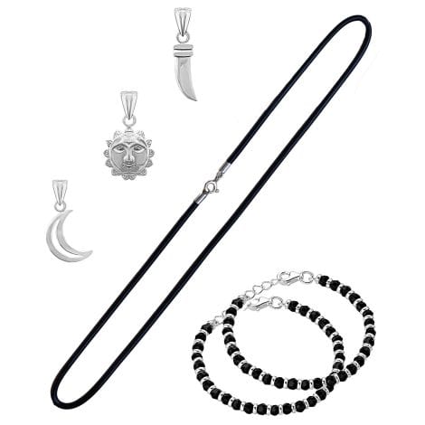 Pure 92.5 Sterling Silver Set for New Born Babies: Includes Nazariya Pair, Sun, Moon, Knife Pendants & Black Thread (Ring).