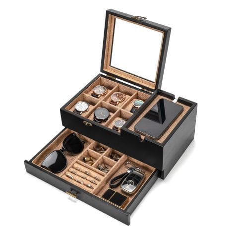 Wooden Watch Organizer for Men – 6 Compartments, Perfect Gift for Boyfriend & Father’s Day (Black)