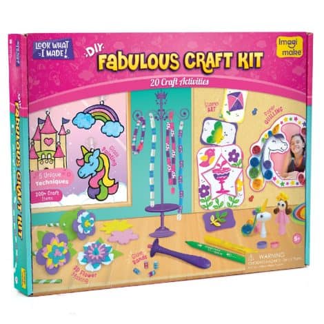 Imagimake Fabulous Craft Kit is a fun and creative arts and crafts set for children in India. It includes suncatcher kits, air dry clay, paper quilling kit, and stamp with a princess and unicorn theme. Perfect gift for 5 to 9-year-old girls. Comes in vibrant colors.