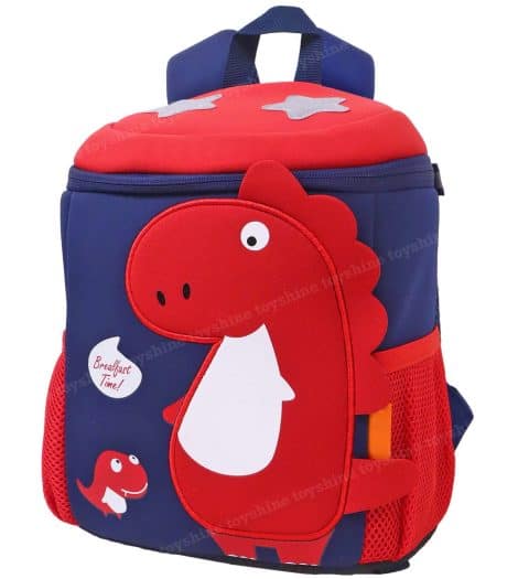 Cute mini-sized red backpack for Indian kids with dinosaur design, perfect for preschool and travel.