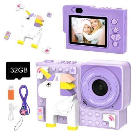 Purple Kids Camera with Building Blocks, HD Selfie Camera. Perfect gift for girls aged 6 and above.