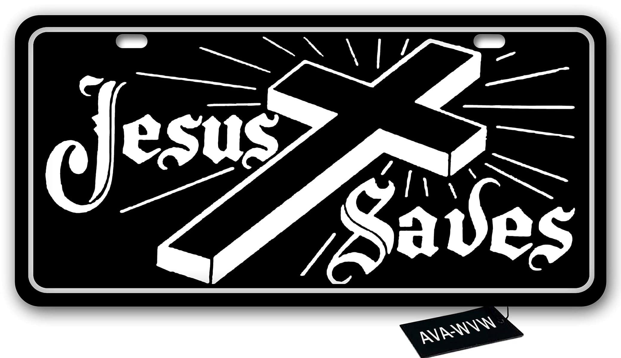 AVA-WVW Jesus License Plate | Jesus Saves | Funny Novelty Vanity Front License Plate Frame Cover Gift for Men Women | Decorative Metal Car Plate Sign Auto Tag | Aluminum Plate 6 X 12 Inch (2 Holes)