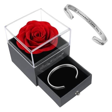 Preserved Red Rose Gift Set with “Remember I Love You” Bangle, Enchanted Flower for Women on Special Occasions.