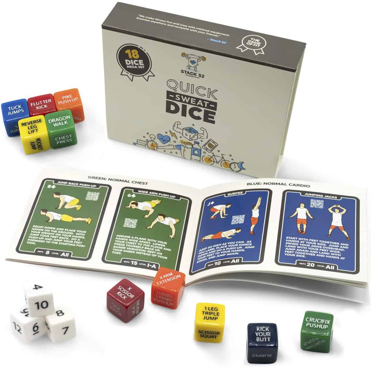 Stack 52 Quick Sweat Fitness Dice. Bodyweight Exercise Workout Game. Designed by a Military Fitness Expert. Video Instructions Included. No Equipment Needed. Burn Fat Build Muscle. (2019 Box Set)