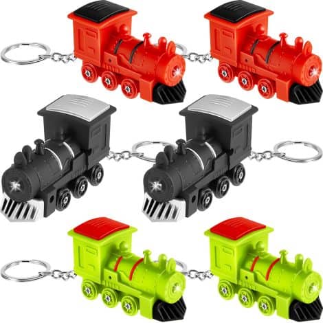 This product is a set of 9 small train-themed keychains with lights and sounds, perfect for Indian kids’ birthdays and school treats.