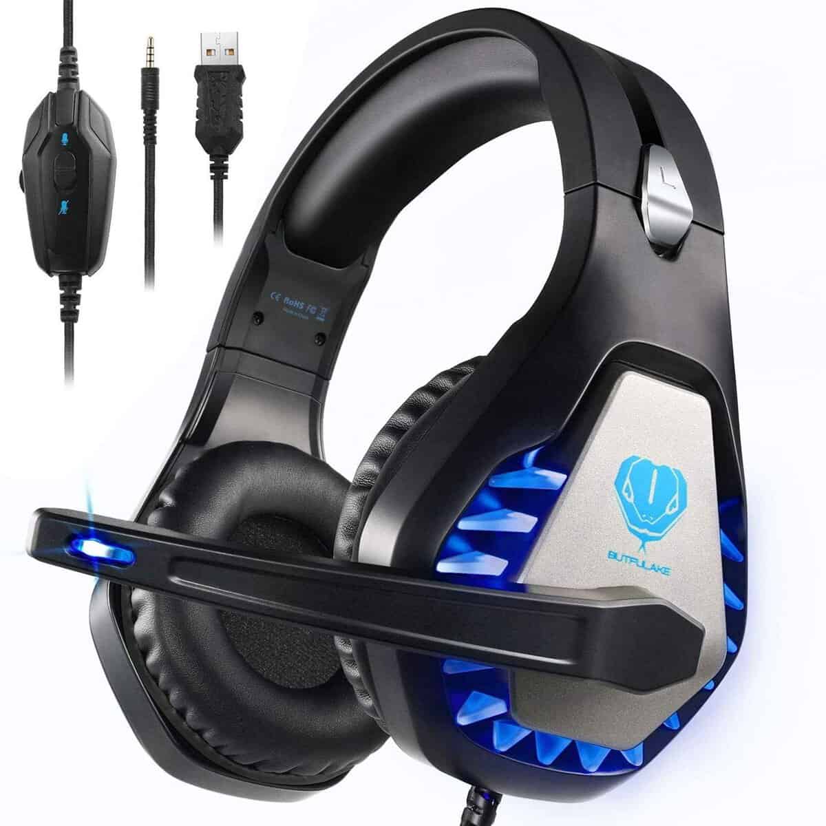 BUTFULAKE GH-1 Gaming Headset for PS4, Xbox One, Xbox One S, PC, Nintendo Switch, Mac, Laptop, Computer, 3.5mm Wired Pro Stereo Over Ear Gaming Headphones with Noise Cancelling Mic &LED Light, Blue