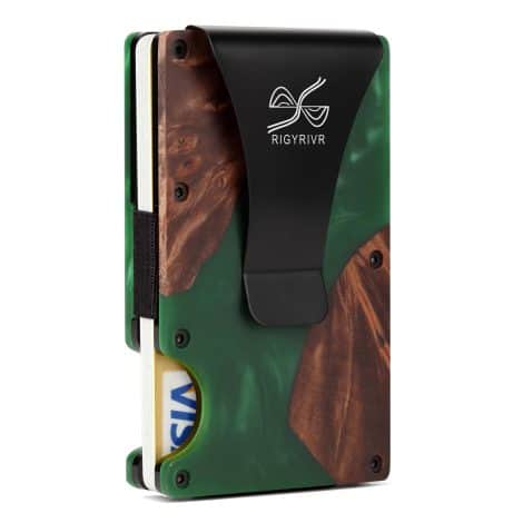 Minimalist green RIGYRIVR Wallet for Indian Men, with RFID blocking, money clip, perfect as a gift.