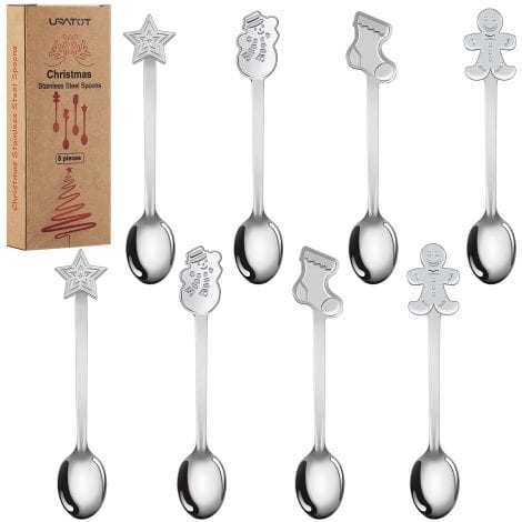 URATOT 8 Pieces Stainless Steel Christmas Gift Spoons – Ideal for mixing festive drinks or desserts.