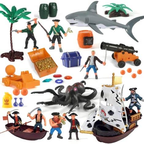 Pirate Adventure Set with Ship, Treasure, Cannons, Shark, and Action Figures – Perfect Birthday Gift for 2-6 year olds.