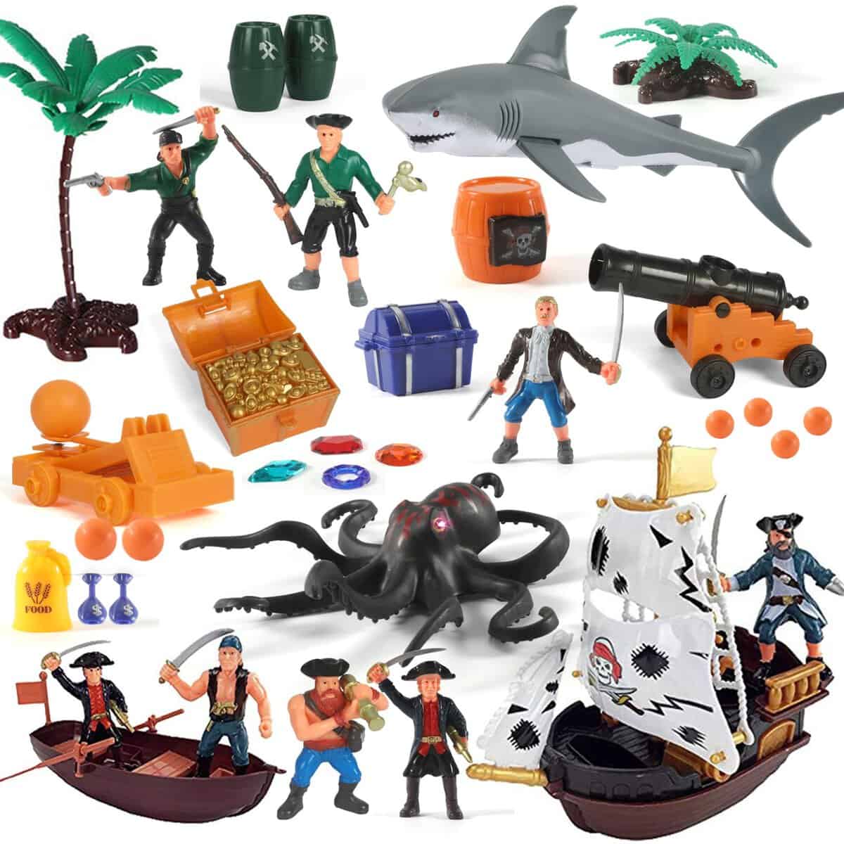 Pirate Action Figures Playset with Boat, Treasure Chest, Cannons, Shark, Pirate Ship-Pirate Toy Ship Toys, Kids Pretend Adventure Playset Figures, Birthday Gifts for Age 2 3 4 5 6 Year Old Boys Girls