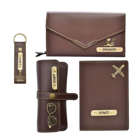 Exclusive birthday gift set for Indian women – Personalized leather wallet, passport cover, sunglasses case, and keychain. (Brown)