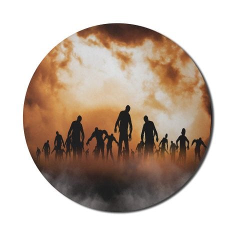 Ambesonne’s Halloween Mouse Pad in Orange Black, featuring spooky zombies walking in the night sky mist.