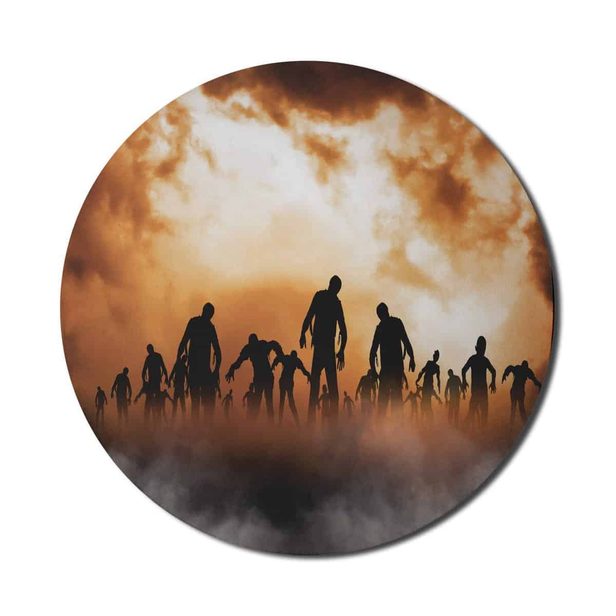 Ambesonne Halloween Mouse Pad for Computers, Zombies Dead Men Walking Body in The Doom Mist at Night Sky Haunted Theme Print, Round Non-Slip Thick Rubber Modern Gaming Mousepad, 8" x 8", Orange Black