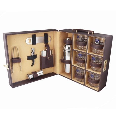 Top-quality Vegan Leather 6 Glass Bar Set with Portable Leatherette Carrying Case. Ideal for Whiskey lovers!