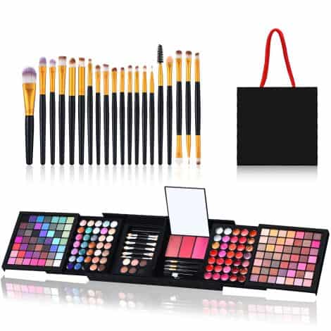 Complete Makeup Kit for Women with 177 color combinations including eyeshadow, lipstick, blush, powder, concealer, applicators, mirror, and brushes. Perfect gift for women and teen girls.