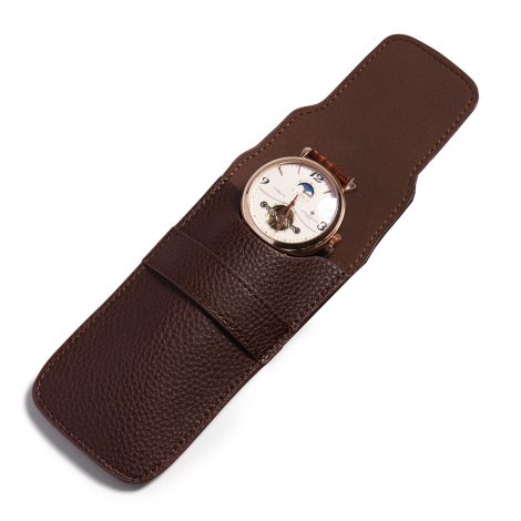 Portable, brown PU leather watch storage box for men and women – Woodten Single Watch Gift Pouch.