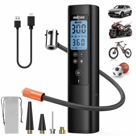 “Portable Air Compressor for Car and Bike Tires by Nulksen: Cordless, 10000mAh Battery, Digital Pressure Gauge.”