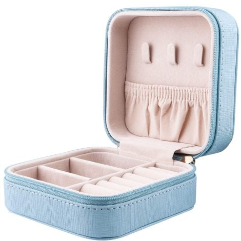 Duomiila Small Travel Jewelry Box, a compact and stylish case for your precious accessories while on the go. Ideal for girls and women. (Blue)