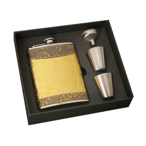 A stylish gold design 8oz flask with leather stitching, leak-proof, and comes with two shot glasses and a funnel, perfect as a gift.