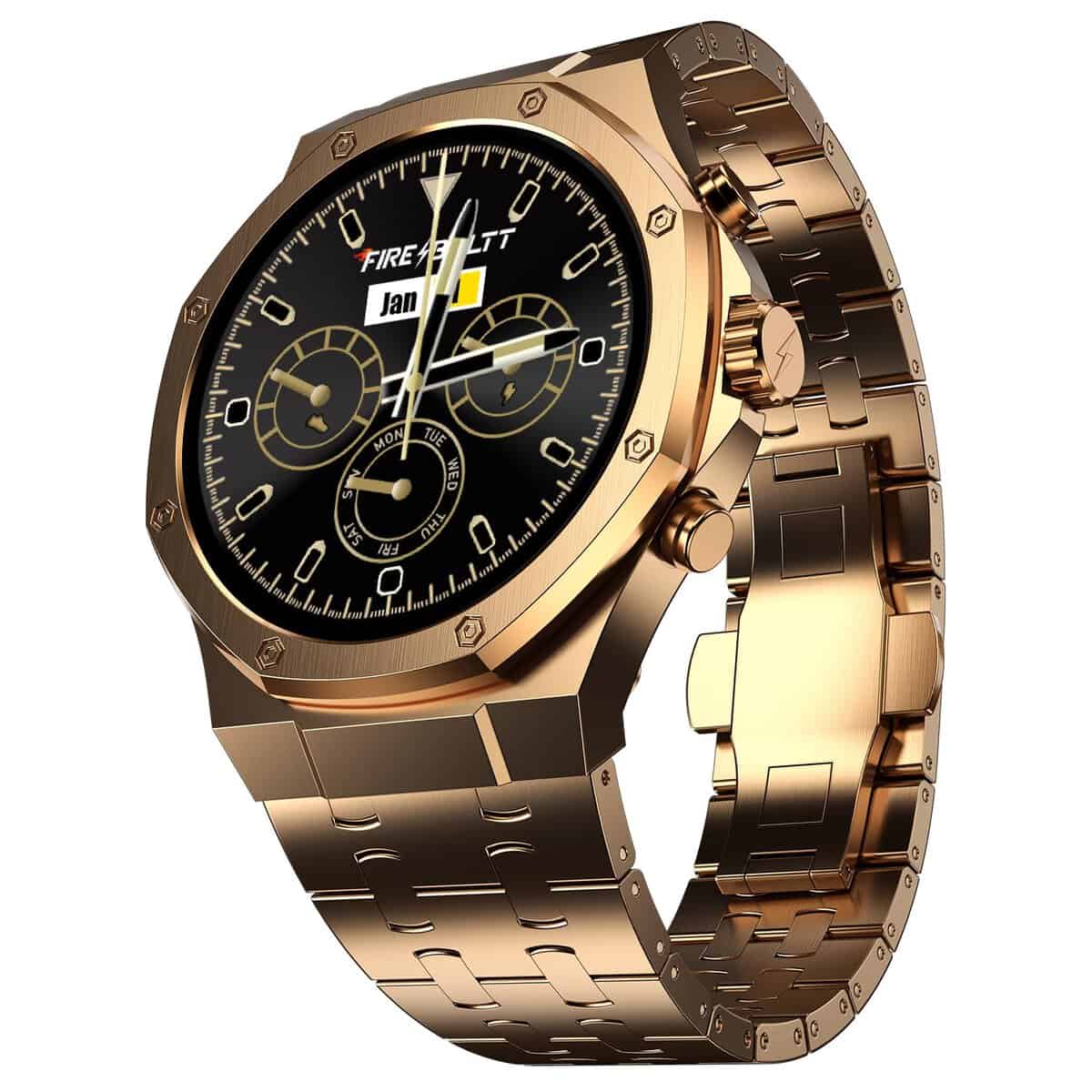 Fire-Boltt Royale Luxury Stainless Steel Smart Watch 1.43” AMOLED Display, Always On Display, 750 NITS Peak Brightness 466 * 466 px Resolution. Bluetooth Calling, IP67, 75Hz Refresh Rate (Rose Gold)