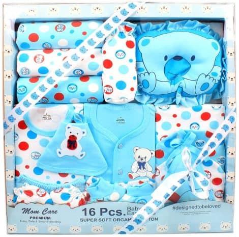 MOM CARE Gift Set for Newborns: Includes 16 essential, unisex baby clothes in lovely blue color.