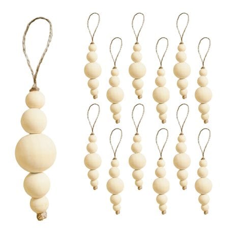 Set of 12 Boho Christmas tree ornaments made of wooden beads, perfect for Indian homes.