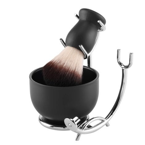 Shaving Kit for Men: Aethland Brush Set with Black Wood Handle, Stainless Steel Bowl & Stand. Ideal gift for men.