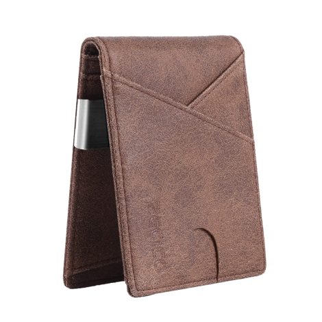 A stylish slim wallet for men with an ID window and RFID blocking, perfect gift in retro brown.