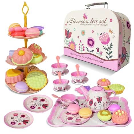 ikaufen Tea Party Set for Little Girls, 46 PCS Princess Toys Tea Party Sets with Cups, Carrying Case & Desserts, Kids Kitchen Pretend Play Gift for Toddler Ages 3 4 5 6 – Experience the joy of tea parties with our adorable tea set including cups, desserts, and carrying case; ideal for Indian kids aged 3-6.