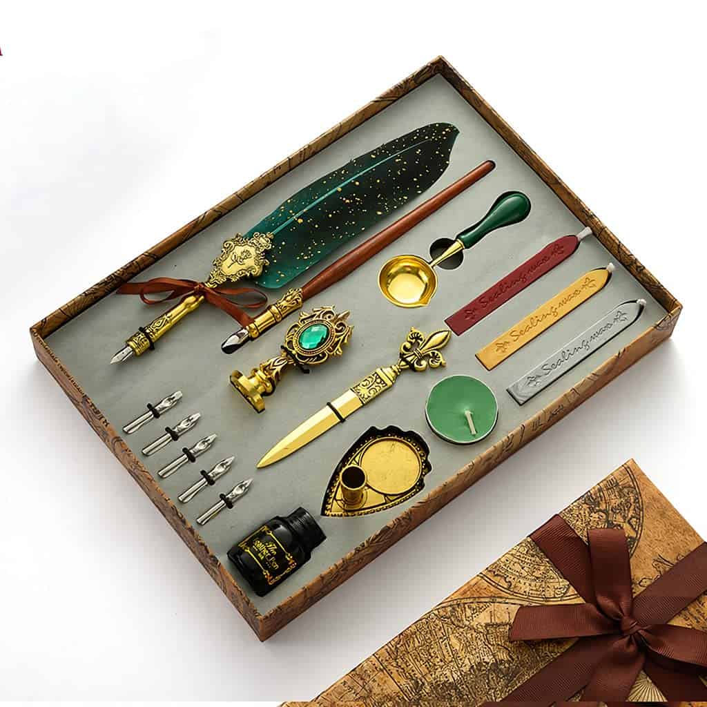 HASTHIP® Quill Pen and Ink Set, Calligraphy Feather Pen with Wax Seal Stamp, Includes Feather Dip Pen, Ink, 5 Replacement Nibs, 3 Wax Seal Sticks,Pen Nib Base,Seal Stamp, White Wax,Spoon (Green)