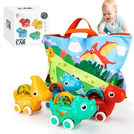 COVTOY Toys for 1-Year-Old Boys with Play Mat and Storage Bag, Dinosaur Car Toddler Toys (4 Sets).