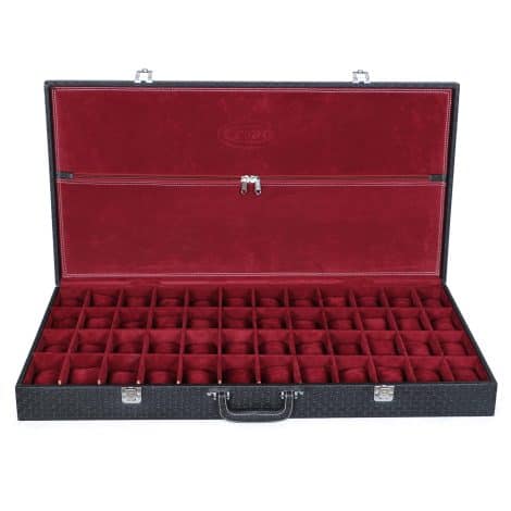 48-slot LEDO watch organizer in PU leather with elegant black and cherry hues for Indian men and women.