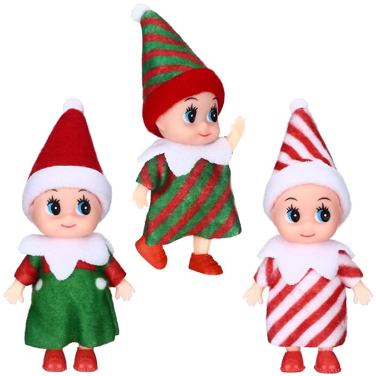 3 Pieces Tiny Elf Doll Christmas Miniature Elf Twins Red and Green Newborn Baby Gifts Stocking Stuffers for New Year Holiday Decorations Xmas Prop Accessories (Stripe Skirts)