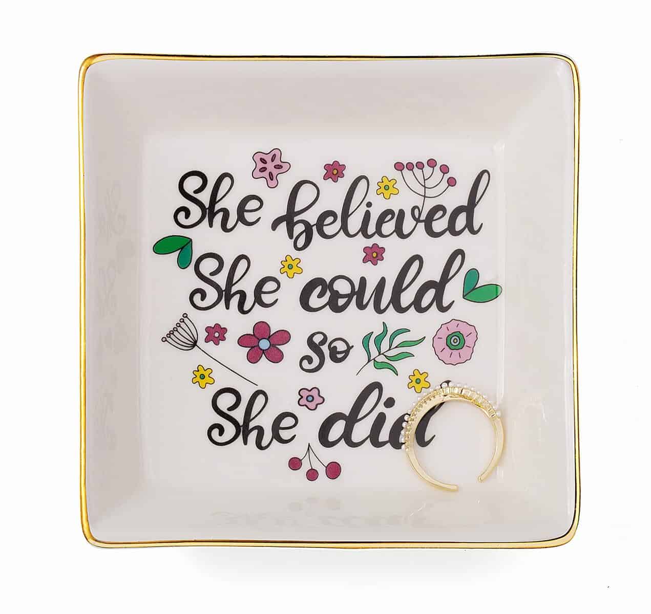 Inspirational Women Gifts Ceramic Ring Trinket Dish Cute Jewelry Plate-She Believed She Could So She Did