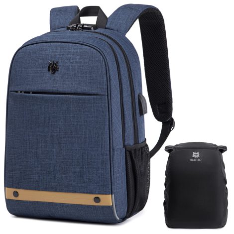 Blue Golden Wolf Backpack with Rain Cover, Lock, Laptop compartment, USB Port for travel, college, Gifting.