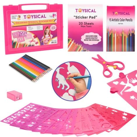 Awesome Birthday gift for Indian girls aged 2-7, Toysical Drawing Stencils Set with Stickers in Pink.