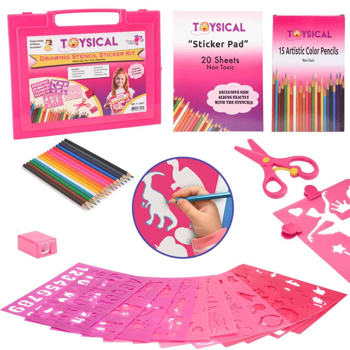 Toysical Drawing Stencils Set for Kids with Sticker Sheets - Gifts for Girls Ages 2, 3, 4, 5 6 and 7 Year Old - Activity and Art N Crafts Kit - Awesome for Birthday (Pink)