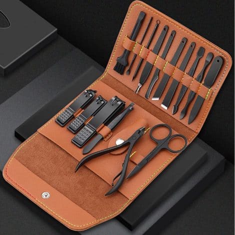 16 in 1 grooming kit with a stylish PU leather case for nail care, perfect for both men and women.