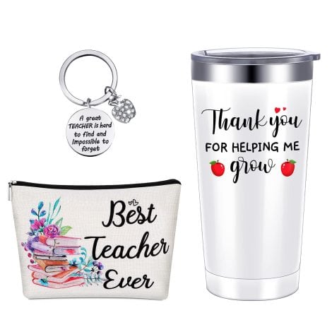 Gifts for Female Teachers: 20 oz Stainless Steel Tumbler, Mug, Keychain, Makeup Bag – Personalized Thank You!