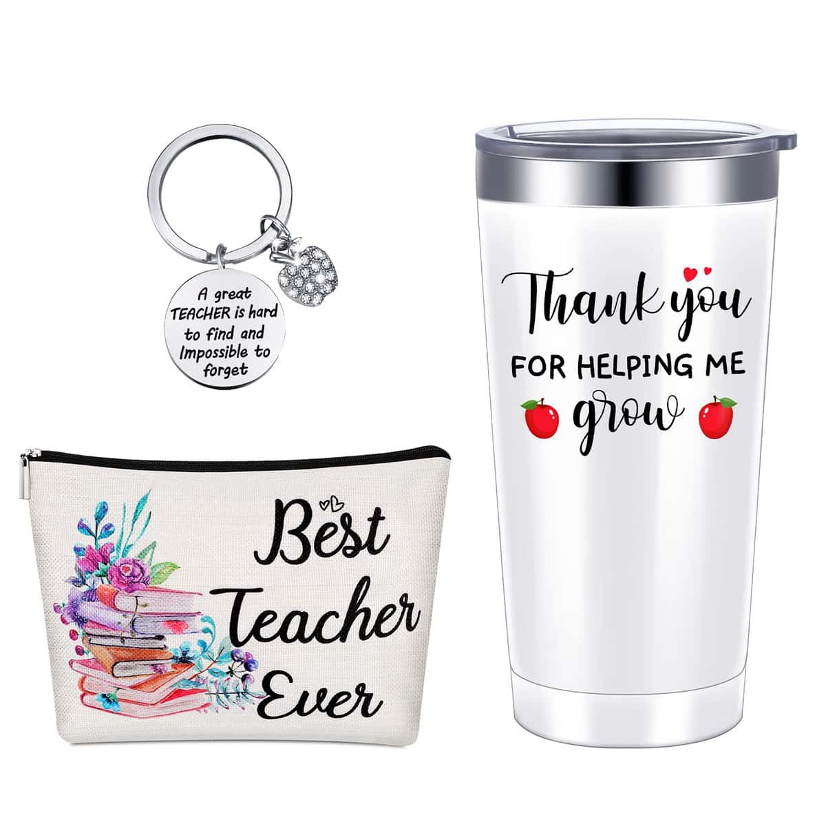 Teacher Gifts for Women, Best Teacher Tumbler 20 oz Stainless Steel Teacher Mug with Lid Teacher Keychain Makeup Bag Personalized Teacher Appreciation Gifts (White, Thank You)