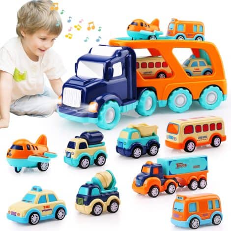 Deluxe Playset with 1 large and 8 small pull-back cars, featuring sound and light. Perfect for 3-4 year old boys and girls. Ideal Christmas and birthday gifts for toddlers.