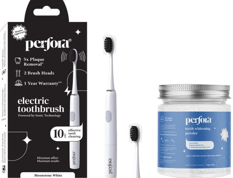 Perfora Electric Toothbrush with 1-year warranty, suitable for men, Diwali gift, AAA powered, long-lasting battery, in Moonstone White with Brush-Teeth Whitening Powder Combo.