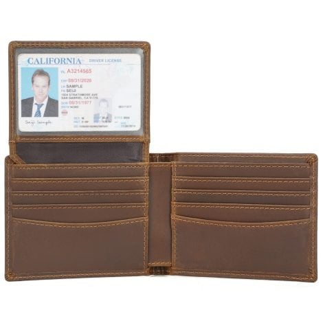 Polare Men’s Dark Brown Leather Bifold Wallet with 2 ID Windows, designed to block RFID (radio frequency identification).